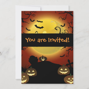 Invitación Espeluznante luna de Halloween, calabazas e invita