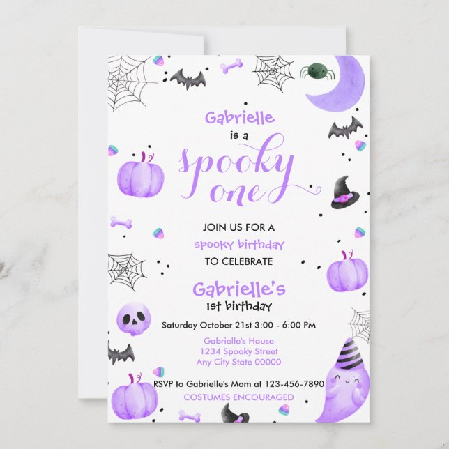 Invitación Espeluznante morado Fantasma de primer cumpleaños (Anverso)