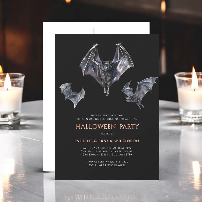 Invitación espeluznante murciélago fiesta de disfraces de hal (fun three bats halloween costume party invitations , ideal for adults or children , fully ediatable )