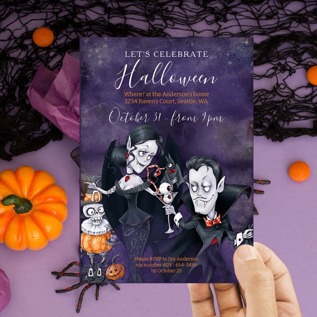 Invitación espeluznante para fiestas moradas y neg (Subido por el creador)