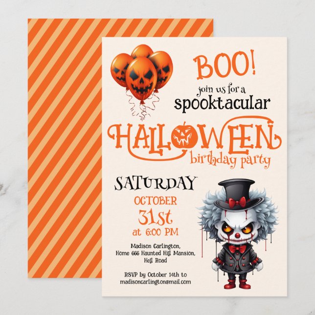 Invitación Espeluznante payaso fiesta de cumpleaños de Hallow (Anverso / Reverso)