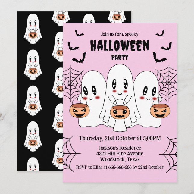 Invitación Espeluznante Personalizado de Kawaii Fantasma Hall (Anverso / Reverso)