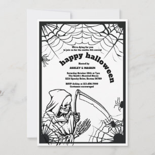 Invitación Espeluznante Segador Esqueleto Halloween Guadaña