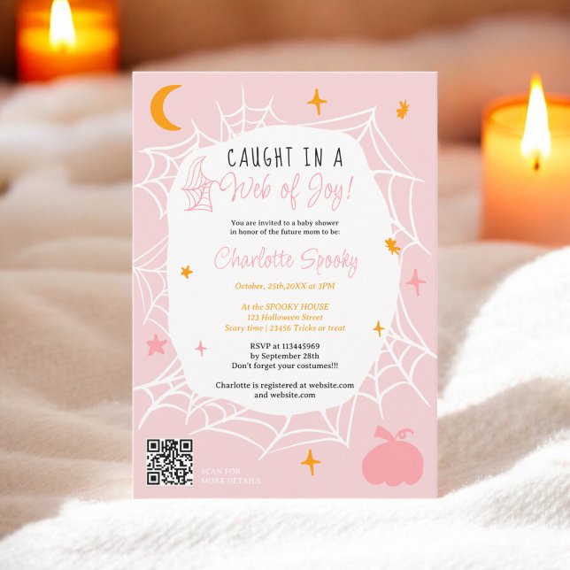 Invitación Espeluznante telaraña de Halloween linda ducha de  (Spooky Halloween Spider web cute pink baby shower Invitation)
