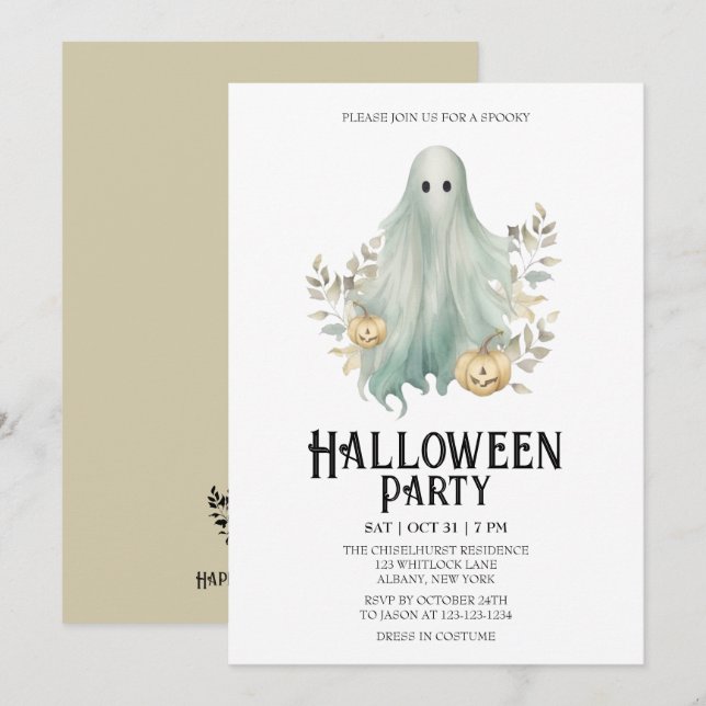 Invitación Espeluznante vestido fantasma, fiesta de Halloween (Anverso / Reverso)