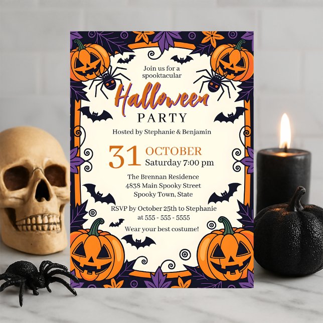 Invitación Espeluznantes Arañas Jack-O'-Lanterns y Bats Hallo (Subido por el creador)
