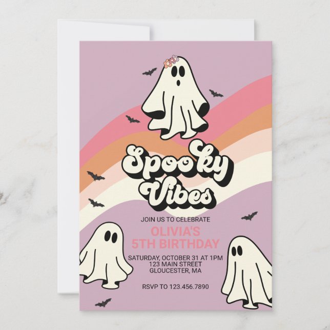 Invitación Espeluznantes Vibes Retro Halloween Fantasma Cumpl (Anverso)
