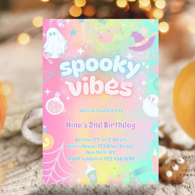 Invitación Espeluznantes vibraciones lindo neón rosado pastel (Pink neon birthday party, glow birthday party, glow halloween party, glow in the dark party, pastel )
