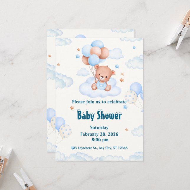 Invitación Espera prematura Baby Shower neutra, azul y blanco (Anverso/Reverso In Situ)