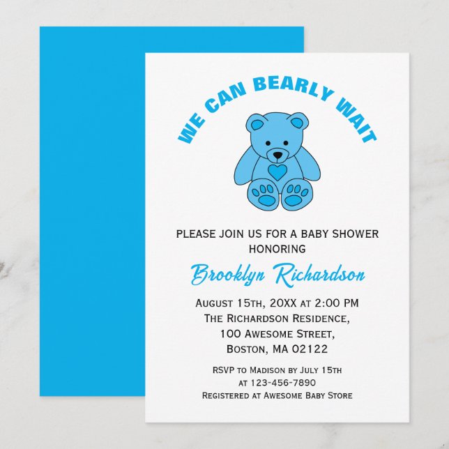 Invitación Esperamos con ansias el oso de peluche azul Baby S (Anverso / Reverso)