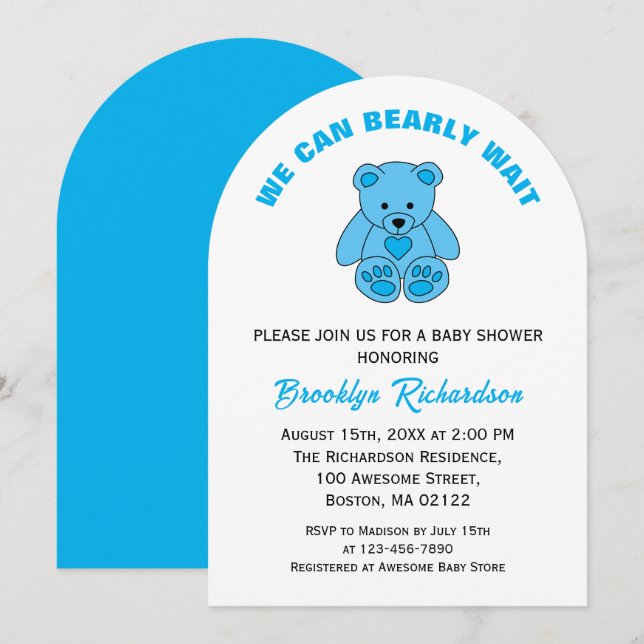 Invitación Esperamos con ansias el oso de peluche azul Baby S (Anverso / Reverso)