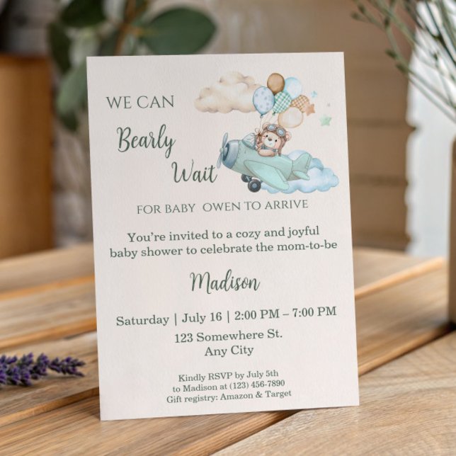 Invitación Esperamos con Ansias Oso de Peluche Avión Baby Sho (Aviator Teddy Bear Baby Shower Invitation. Blue Boy Airplane. We Can Bearly Wait.)