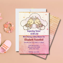 Invitación Esperando Chicas gemelos Cloud Baby Shower Retro