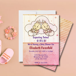 Invitación Esperando Chicas gemelos Cloud Baby Shower Retro