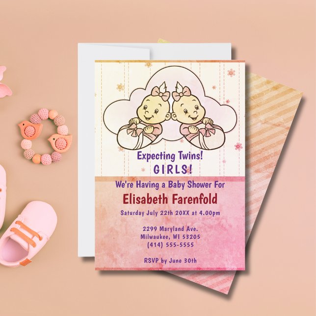 Invitación Esperando Chicas gemelos Cloud Baby Shower Retro (Expecting Twin Girls Cloud Baby Shower Retro Invitation)