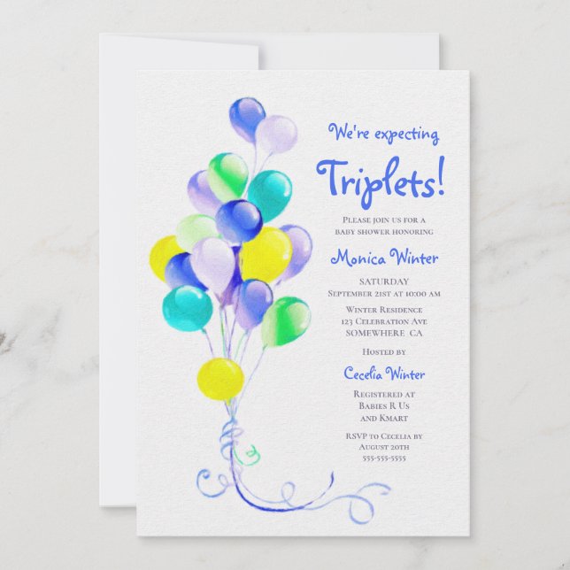 Invitación Esperando el Baby Shower Triplets Blue Balloons (Anverso)