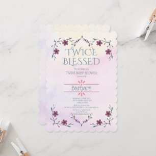 Invitación Esperando gemelos: Floral de Boho y acuarela de la