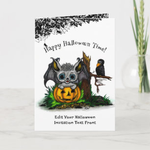 Invitación Esperando Halloween , Cute Bat y Raven