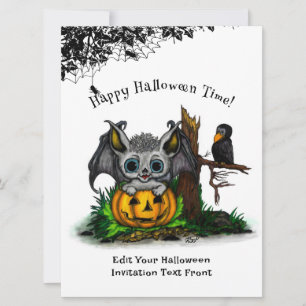 Invitación Esperando Halloween , Cute Bat y Raven