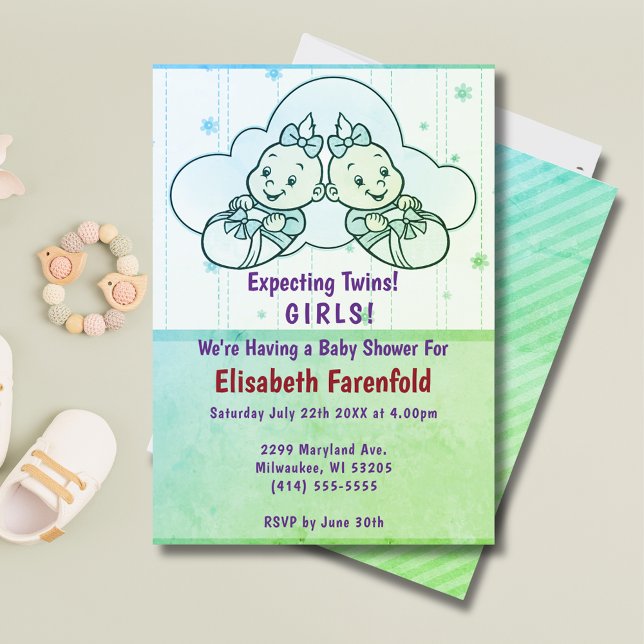 Invitación Esperando que los Chicas gemelos nublen Baby Showe (Expecting Twin Girls Cloud Baby Shower in Green Invitation)