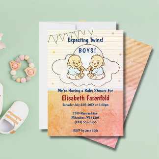 Invitación Esperando Twin Boys Cloud Baby Shower Retro