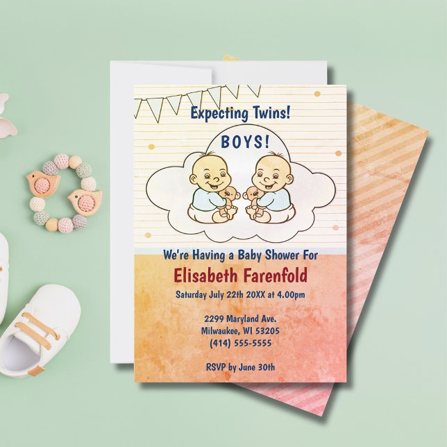 Invitación Esperando Twin Boys Cloud Baby Shower Retro (Expecting Twin Boys Cloud Baby Shower Retro Invitation)