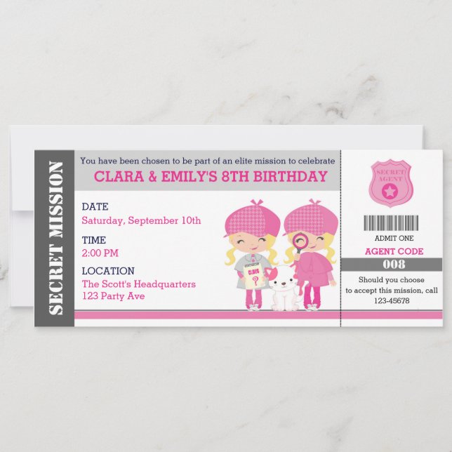 Invitación Espía Chica de gemelos rubios / Juguete de detecti (Anverso)