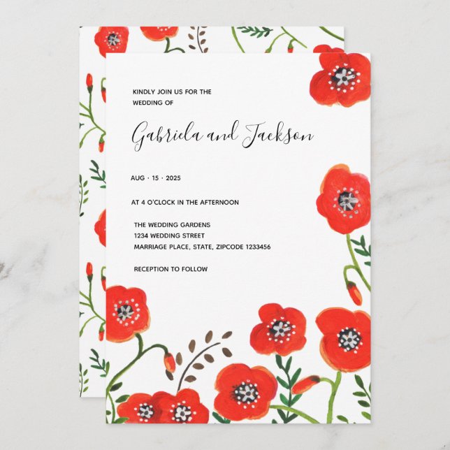 Invitación Espías rojas florales boda moderno (Anverso / Reverso)