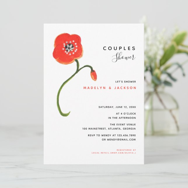 Invitación Espías rojas parejas florales modernas ducha (Anverso de pie)