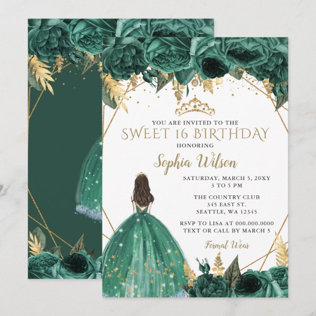 Invitación Espinilla floral de oro verde esmeralda 16 (Anverso / Reverso)