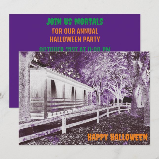 Invitación Espinosa fiesta de Halloween de Cabina Negra y Mor (Anverso / Reverso)