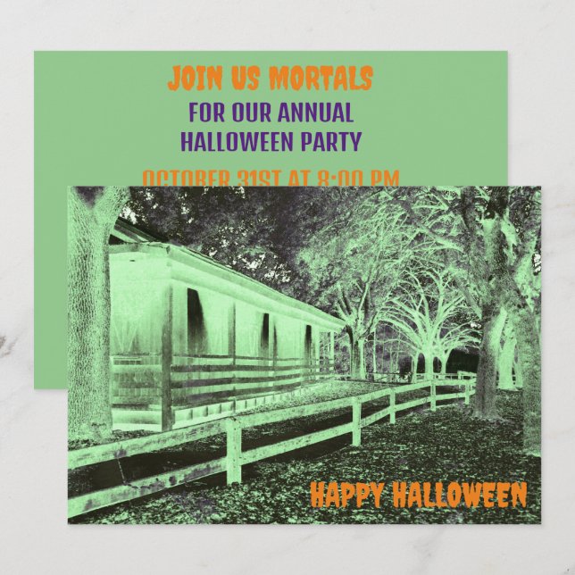 Invitación Espinosa fiesta de Halloween en Cabina Verde y Neg (Anverso / Reverso)