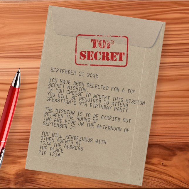 Invitación Espionaje de agente especial top Secreto de Surpri (Surprise Party Top Secret Special Agent Spy Invitation by Ricaso. Novelty fun for kids and adults)
