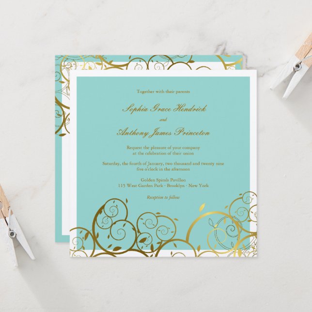 Invitación Espirales de oro turquesa y elegante matrimonio el (Anverso/Reverso In Situ)