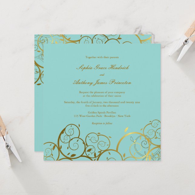Invitación Espirales de oro turquesa y elegante matrimonio el (Anverso/Reverso In Situ)