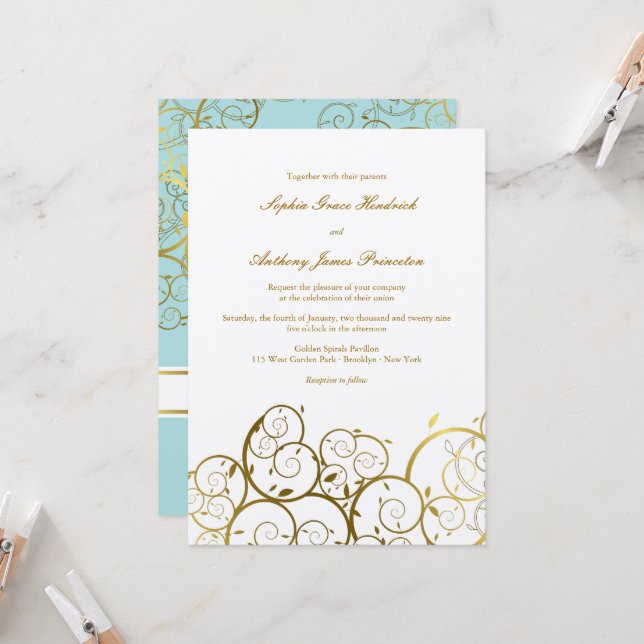 Invitación Espirales de oro turquesa y elegante matrimonio el (Anverso/Reverso In Situ)