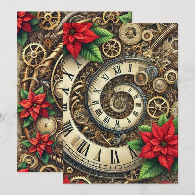 Invitación Espirales de relojería de Steampunk y Poinsettia i (Anverso / Reverso)