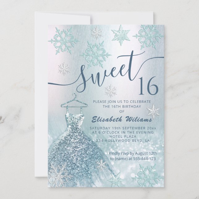 Invitación Espíritu de invierno vestido azul oscuro purpurino (Anverso)