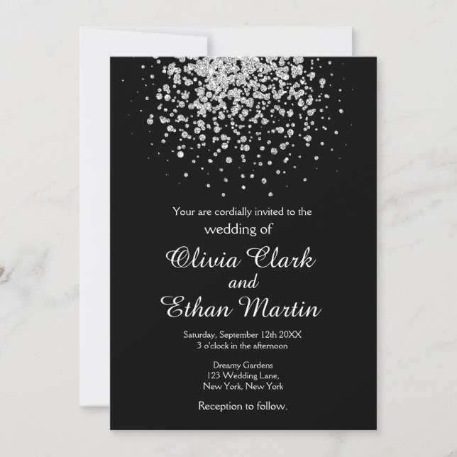 Invitación Esplandor de Confetti Purpurina de Plata (Anverso)