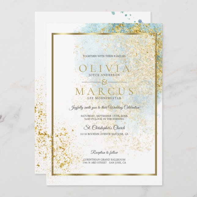 Invitación Esplash acuático azul y oro moderno boda (Anverso / Reverso)