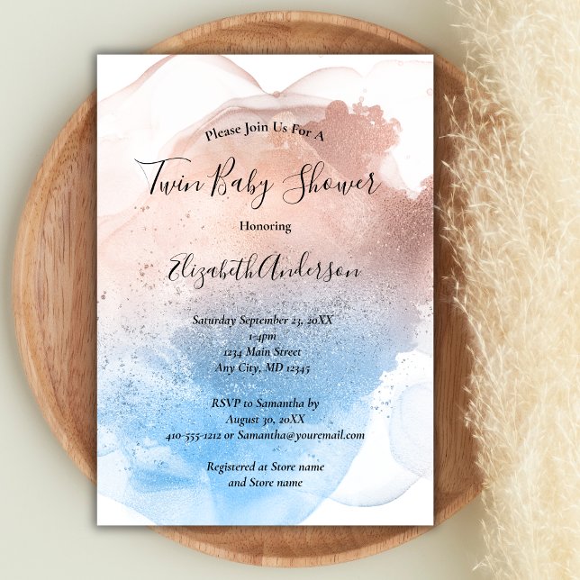 Invitación Esplash azul rosa niño Chica gemelos Baby Shower (Pink Blue Twin Baby Shower Invitation)