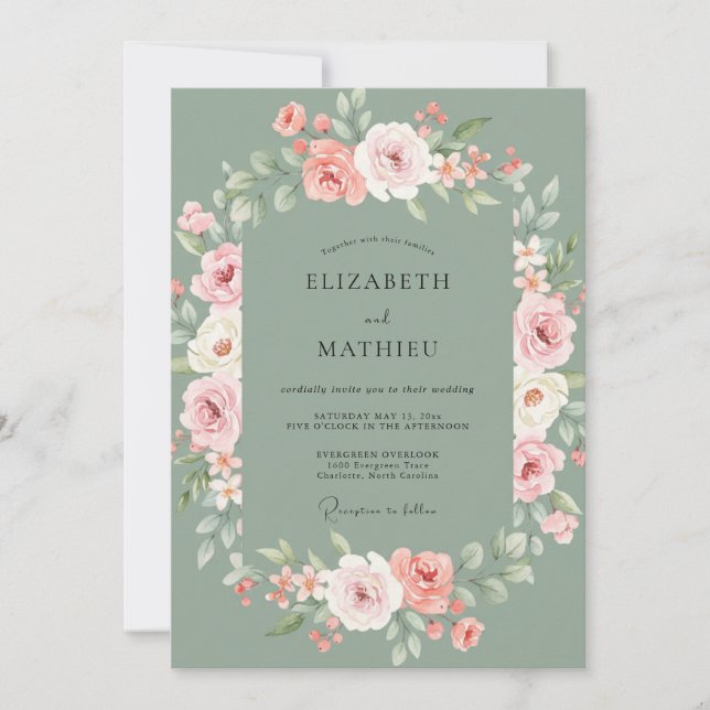 Invitación Espléndida Boda de Primavera en Verde Salvia (Anverso)