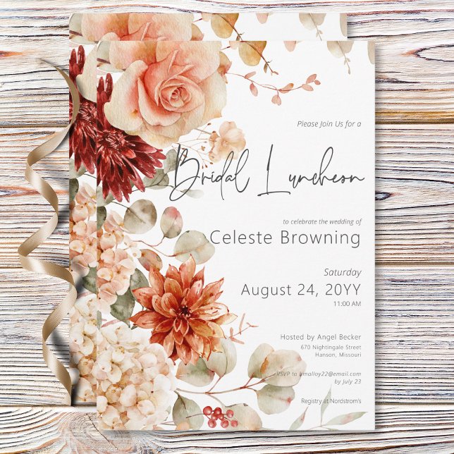 Invitación Espléndida caída y almuerzo de novia en Rubor Boho (Spicy Fall Rust & Blush Boho Floral Bridal Lunch Invitation)