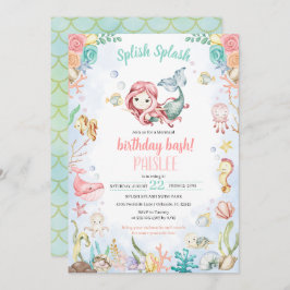 Invitación Espléndida Sirena Bajo La Piscina Mar Fiesta Cumpl