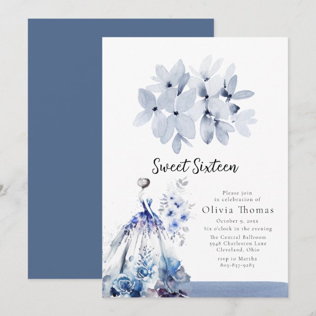 Invitación Espléndido Salón De Baile Azul Dulce Dieciséis (Anverso / Reverso)