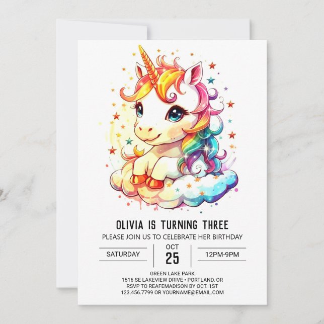 Invitación Esplendor de cumpleaños de unicornio en línea (Anverso)