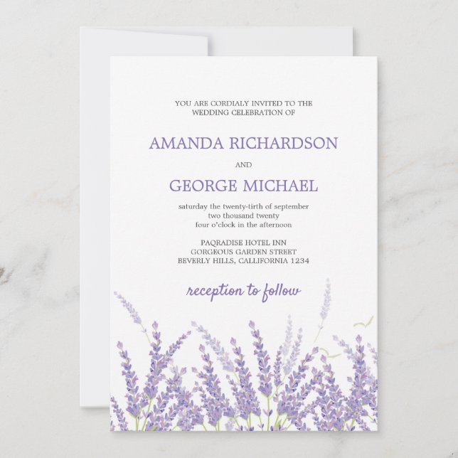 Invitación Espliego morado rústico rural moderno boda floral (Anverso)