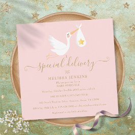Invitación Espoleta Baby Shower rosa de cigüeña de entrega es