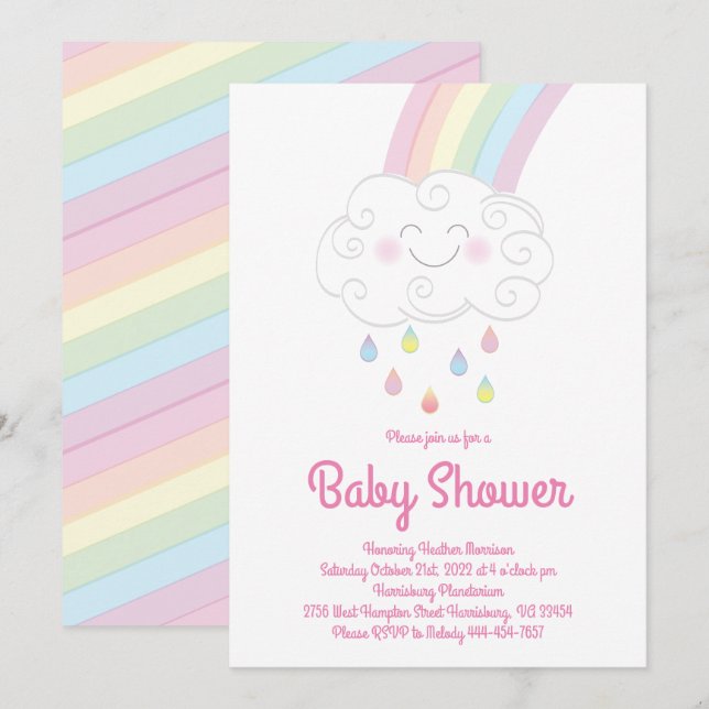 Invitación Espoleta de Baby Shower con lluvia arco iris (Anverso / Reverso)