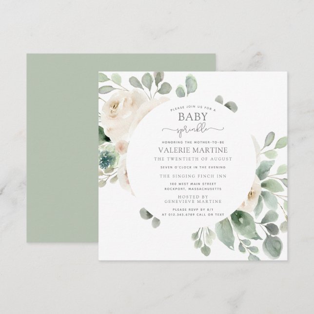 Invitación Espoleta de bebé floral de rosa blanca (Anverso / Reverso)